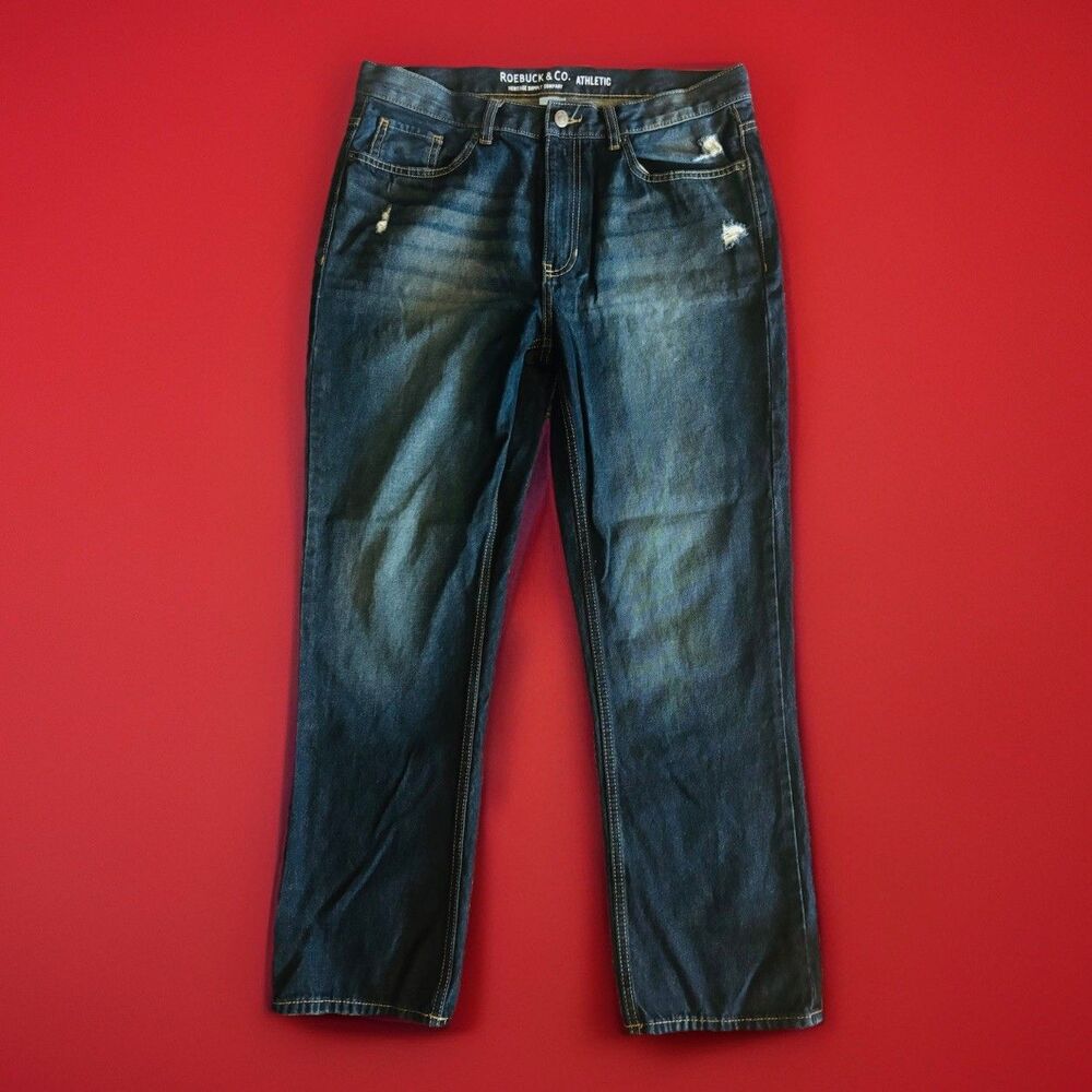 Roebuck & Co Athletic Fit Jeans Men’s 34x30 (32x28) Dark Wash Distressed Denim